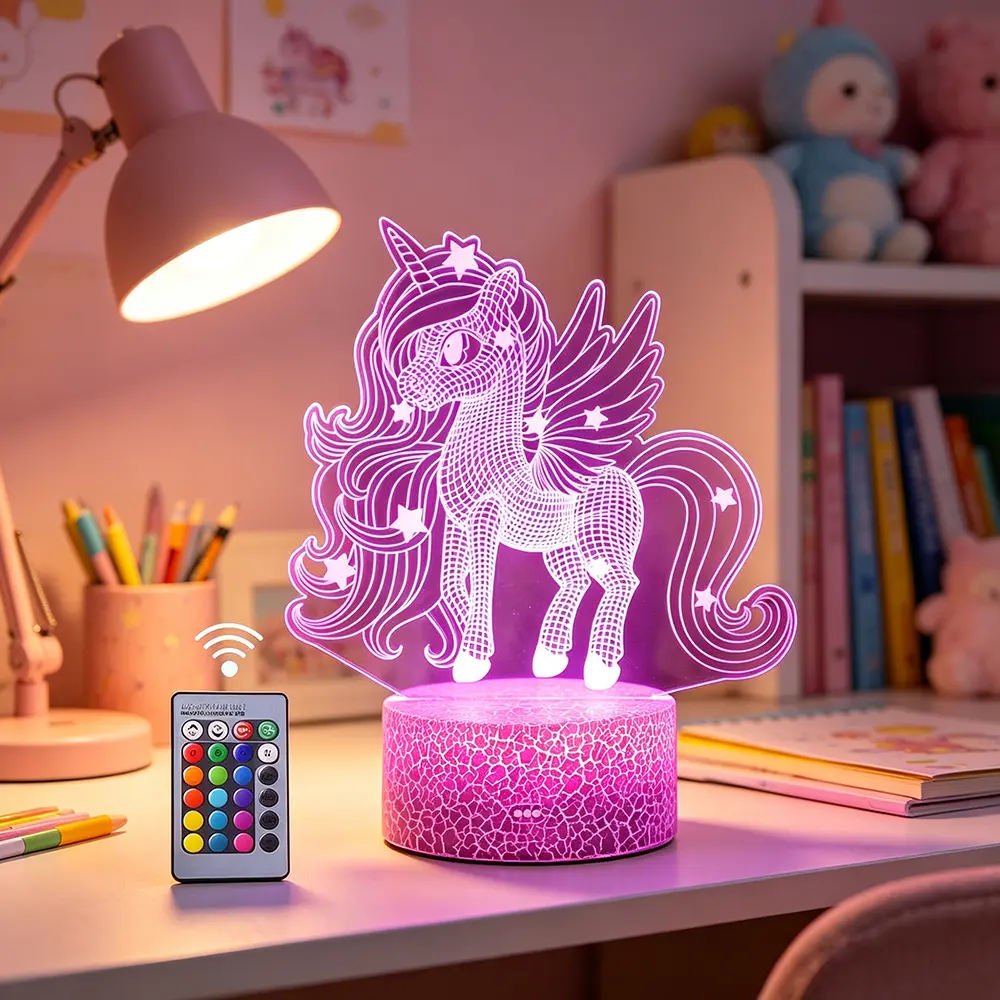 3D Unicorn 3D Holographic Effect Night Light for Girls - Plastic 16-Color Changing Dimmable Acrylic Bedside Lamp with Remote & Smart Touch, Nursery Mood Lighting Birthday Gift for Kids, Led Multicolor, Colorful Lights
