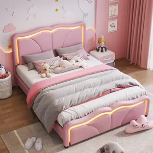 Twin/Full Size Bed Upholstered Platform Bed Frame with Curve Shaped and Height-adjustbale Headboard, LED Light Strips, No Box Spring Needed