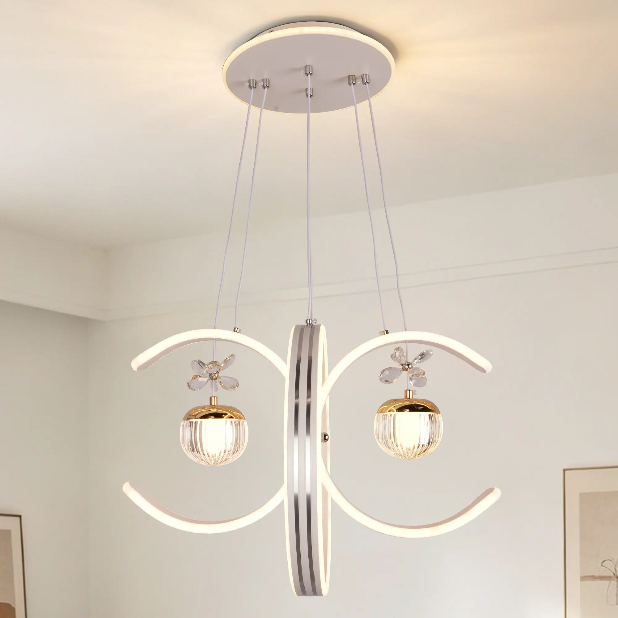 Double C Shaped Chandelier - Indoor Decorative Light, Dimmable Fandelier LED, Easy Install LED, 3-Color Adjustable Height 90cm Wire, Elegant Scandinavian Modern White Ceiling Lamp for Dining, Living Room