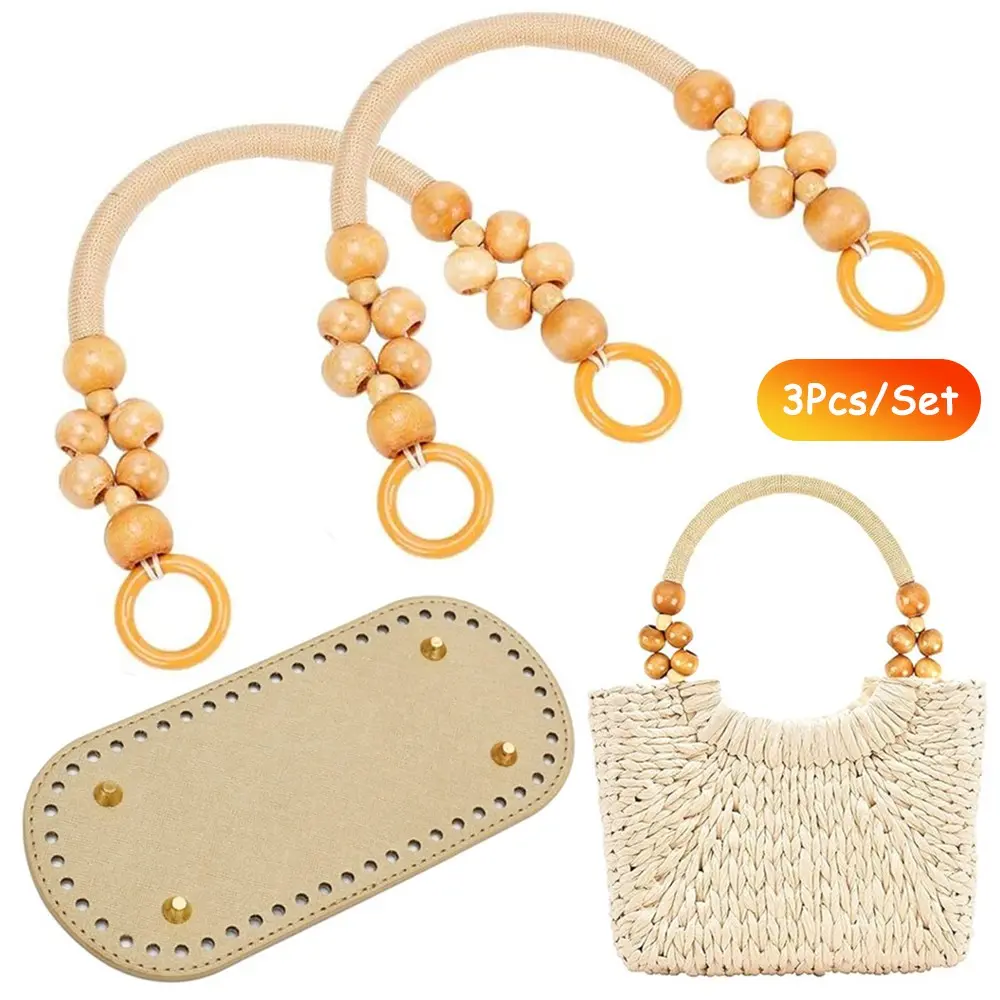 3Pcs Bag Handle and Base Set Beaded Woven Purse Handles with Rings and PU Leather Bag Bottoms with Pre-Punched Holes DIY Handbag Making Supplies Handcraft