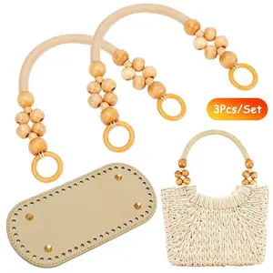 3Pcs Bag Handle and Base Set Beaded Woven Purse Handles with Rings and PU Leather Bag Bottoms with Pre-Punched Holes DIY Handbag Making Supplies