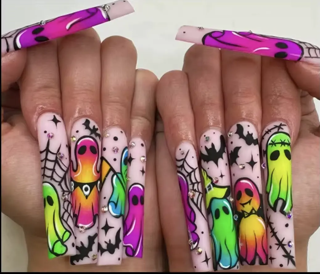 Neon Ghost Halloween Press On Nails – 24PCS Long Square Glossy Fake Nails with Colorful Ghost, Spider Web & Bat Design, Reusable Acrylic Stick-On Nails for Women