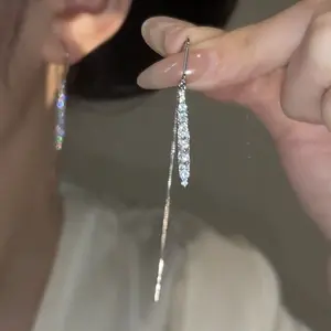 Shiny 925 silver needle elegant micro-inlaid full diamond long water drop tassel earrings for women,DES0268  long style that makes the face look slimmer, versatile earrings 14KGold-Plated D