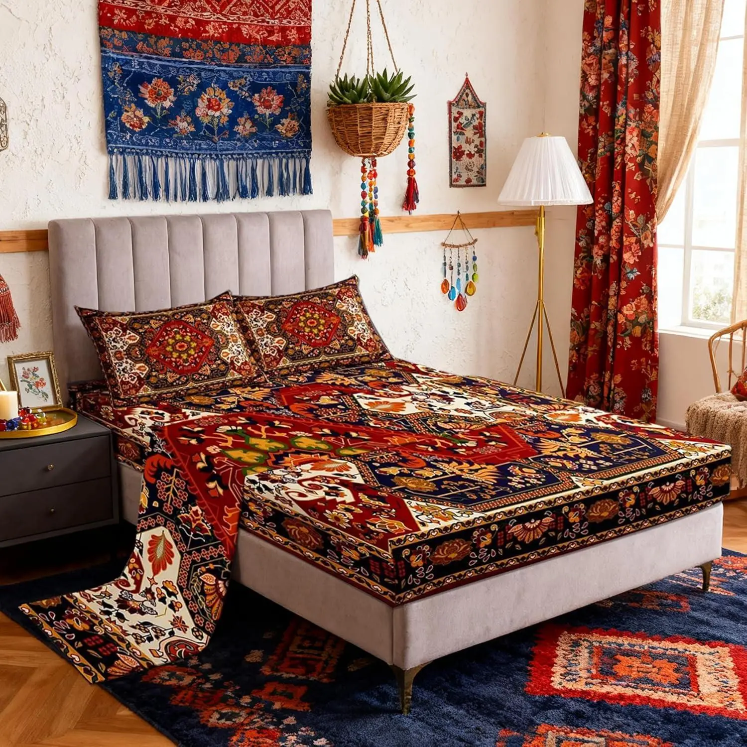 Feelyou 4-Piece Boho Floral Microfibre Bedding Set - Multi-Size, Breathable Fabric, Vintage Geometric Pattern, Aztec Tribal Colorful Design, Fitted + Flat Sheets, Machine Washable, for Adult Women's Room Decor, Brown, King Option, Floral Bedding, Bedding,