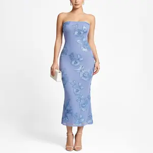 OYV Women's Strapless 3D Floral Mesh Bodycon Midi Elegant Sleeveless Tube Top Summer Dress for Cocktail Wedding Guest Bridesmaid and Formal Occasions