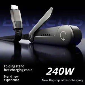 Invisible Holder Charger Cable with Stand 240W Super Fast Charging 2-in-1 Fast Charging Cord & Phone Stand for Gaming Office Car Travel Type-C Charging Cable Black Cellphone Electronic