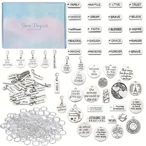 Keychain Making Kit, 207pcs/set DIY Jewelry Making Accessories, Handmade Crafts, Including 41pcs Vintage Letter Inspirational Pendant, 45pcs Lobster Clasp, 120pcs Ring & Box, DIY Beading Accessories