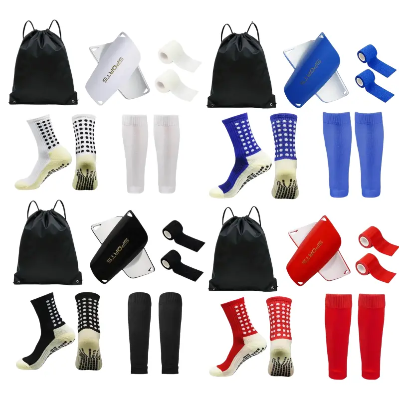 Soccer Shin Guards and Non Slip Grip Socks Set, Athletic Calf Sleeves with Self Adhesive Bandage & Drawstring Bag, Youth Adults Sports Gear