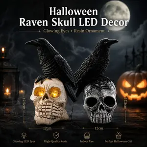 Halloween LED Skull Decor, Glowing Skeleton Head with Crow, Haunted House Horror Prop, Gothic Tabletop Ornament, Spooky Scary Party Decoration