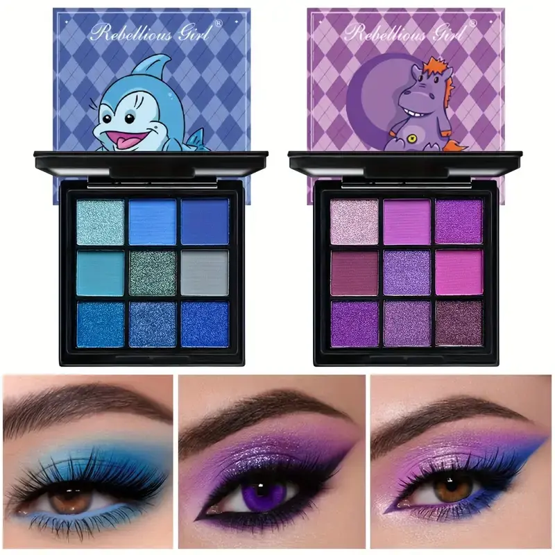Purple blue eyeshadow palette set featuring matte and shimmer shades for an ethereal, alluring eye look. Finely milled powder that won’t fly up, highly pigmented, suitable for music festivals and party makeup looks.