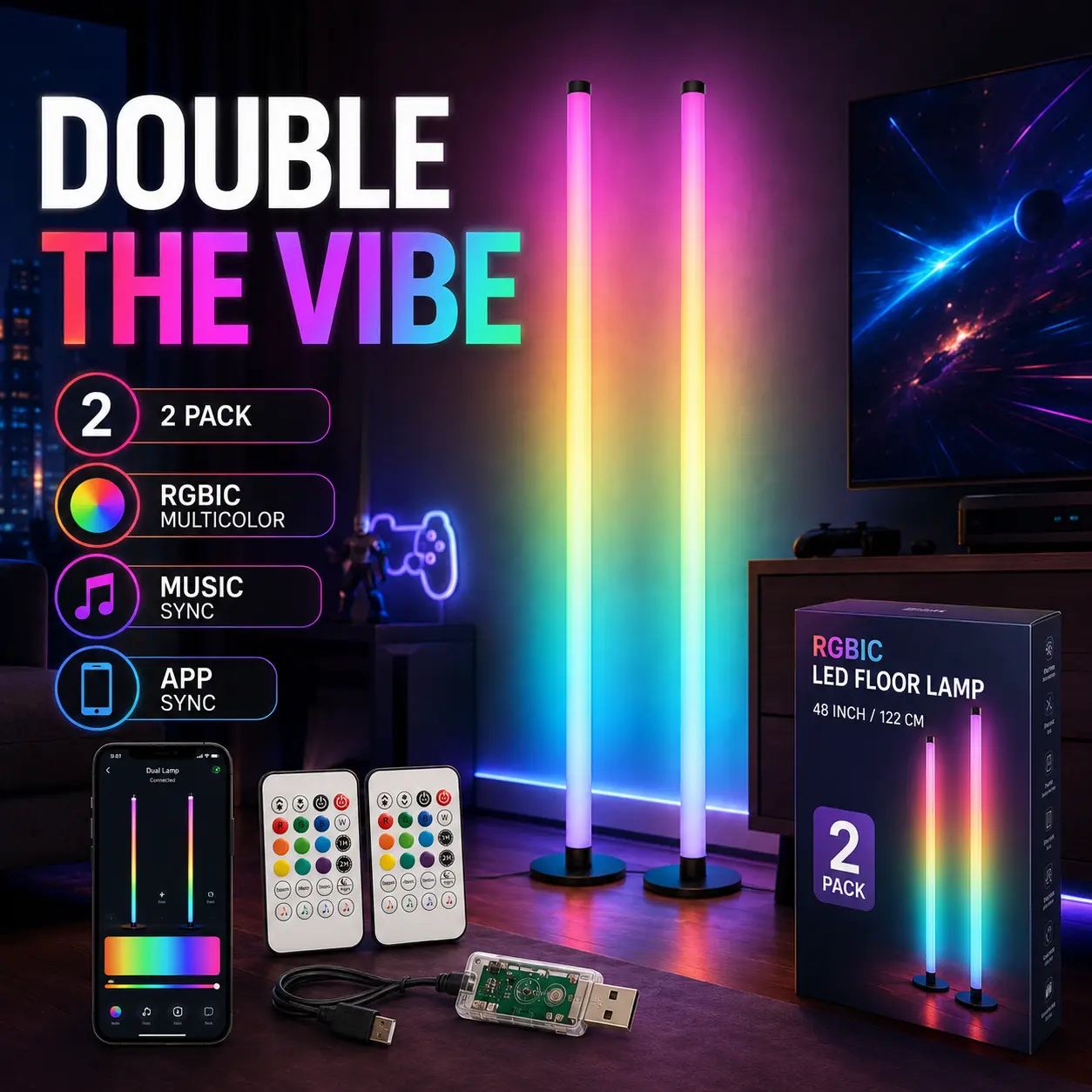 RGBIC Corner Floor Lamp 48 Inch, Multicolor LED Ambient Lighting with Bluetooth App, 24-Key Remote and Music Sync for Bedroom, Living Room, TV Setup and Gaming Room