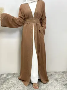 Brown Rhinestone Belted Cardigan with Pockets, Modest Long Dress for Women, Perfect for Special Occasions and Dubai Celebrations