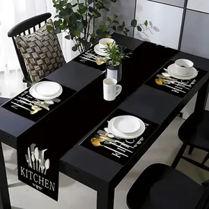 1/5/7 set table runner placemat set with silver knife and fork pattern design, suitable for daily use, used for kitchen, dining table, living room, and wedding indoor and outdoor home decoration, Kitchen Decorative Placemat