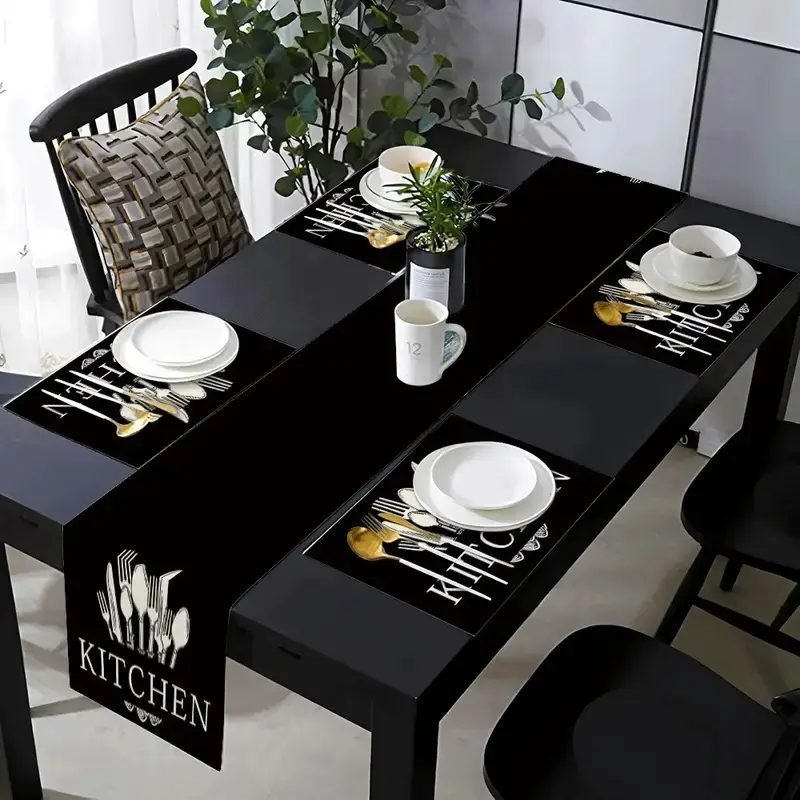 1/5/7 set table runner placemat set with silver knife and fork pattern design, suitable for daily use, Household Placemat, used for kitchen, dining table, living room, and wedding indoor and outdoor home decoration, Kitchen Decorative Placemat