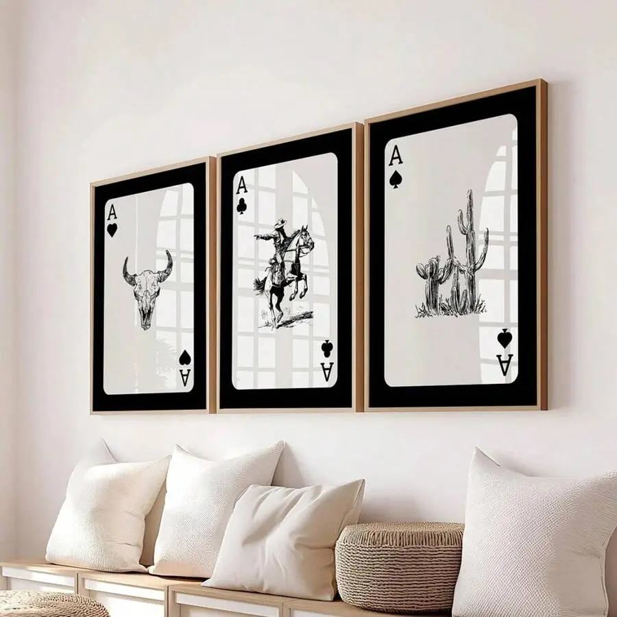 Set Of 3 Unframed Longhorn Bull Skull Wetern Cowboy Playing Card Art Poster Aesthetics Black White Minimalist Funky Painting Canvas Print Wall Picture Ideal Gift For Dorm,Apartment,Living Room,Bedroom,Boy Room,Home Decoration Artwork Artistic