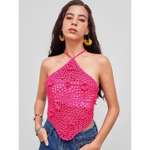 Cider [size 4-8] Knit Halter Floral Knotted Backless Crochet Crop Cami Top