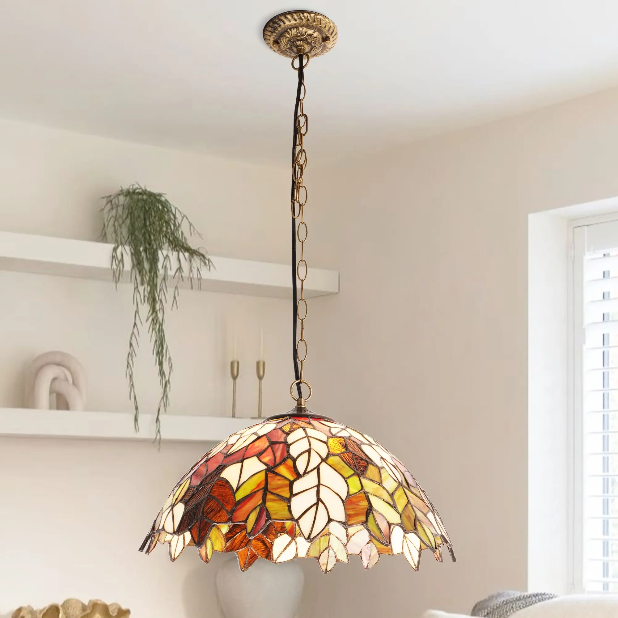 Tiffany Style 15.8 Inch Maple Leaf Stained Glass Pendant Light Antique Bronze Iron Frame Adjustable Chain E26 Base Wall Switch Control for Kitchen Dining Living Room Foyer
