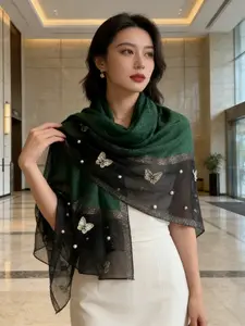 Thin Silk Scarf for Spring and Summer, Butterfly Beaded Decorative Accessory, Imitation Silk Material, Stylish and Elegant Wrap