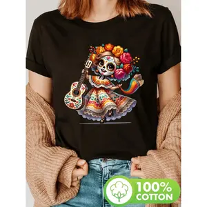 Vibrant Day Of The Dead Mexican Girl Dancing Playing Guitar T-Shirt for Women| Crew Neck Casual Short Sleeve Top for Spring & Summer