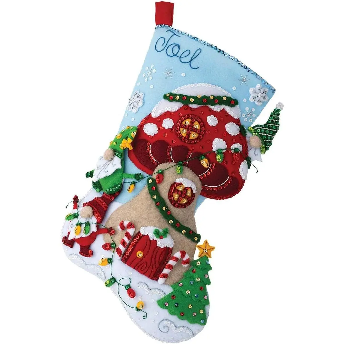 Bucilla Basic Cotton Felt Applique 18 in Customizable Gnome Christmas Stocking Making Kit (89473E) - Whimsical Craft Kit with Beads, Mushroom House, Garland, Embroidery, Festive Decoration