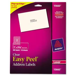 Avery 15660 Easy Peel Laser Mailing Labels- 1 x 2.63- Clear- 300-Pack