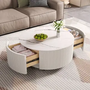 Modern Round Coffee Table Living Room Movable Center Table with Casters, 2 Drawers, Marble Pattern Sintered Stone Top, 29.5"