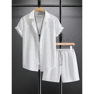 Minimalist Linen-Blend Mens Breathable 2 Piece Outfit Textured Weave Button Up Shirt and Relaxed Fit Shorts for Tropical Vacations and Summer Getaways