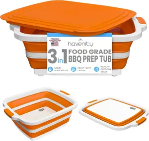 Havenity BBQ Prep Tub 8L , Multifunctional Camping Cutting Board with Lid, Meat Prep Tub for Meal Prep Marinating Food, Tailgate Container with Lid, Collapsible Food Storage Containers Gifts Boyfriend,Husband and Father BBQ Brisket (Orange)