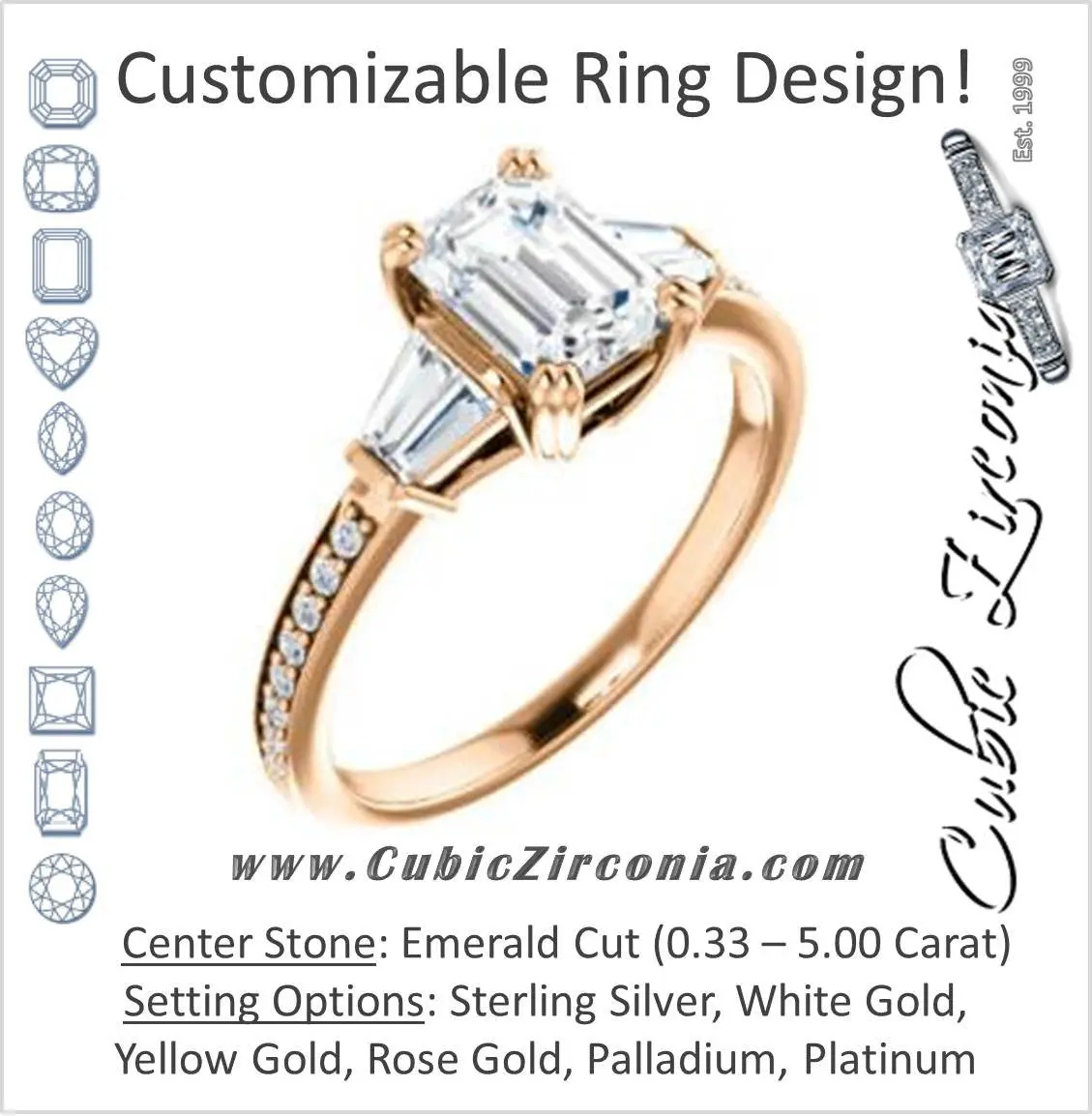 Cubic Zirconia Engagement Ring- The Hazel Rae (Customizable Emerald Cut Design with Quad Baguette Accents and Pavé Band)