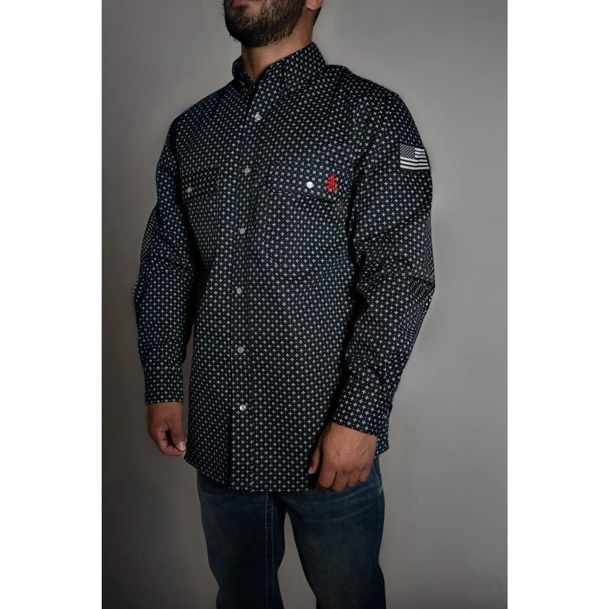 FR Pearl Snap Work Shirt - Reaper Black - With U.S Flag