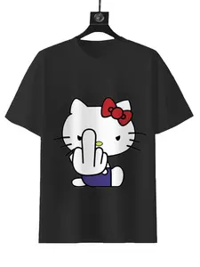 Sanrio Angry Hello Kitty Short-Sleeve Tee Black T-Shirt with Iconic Red Bow Design
