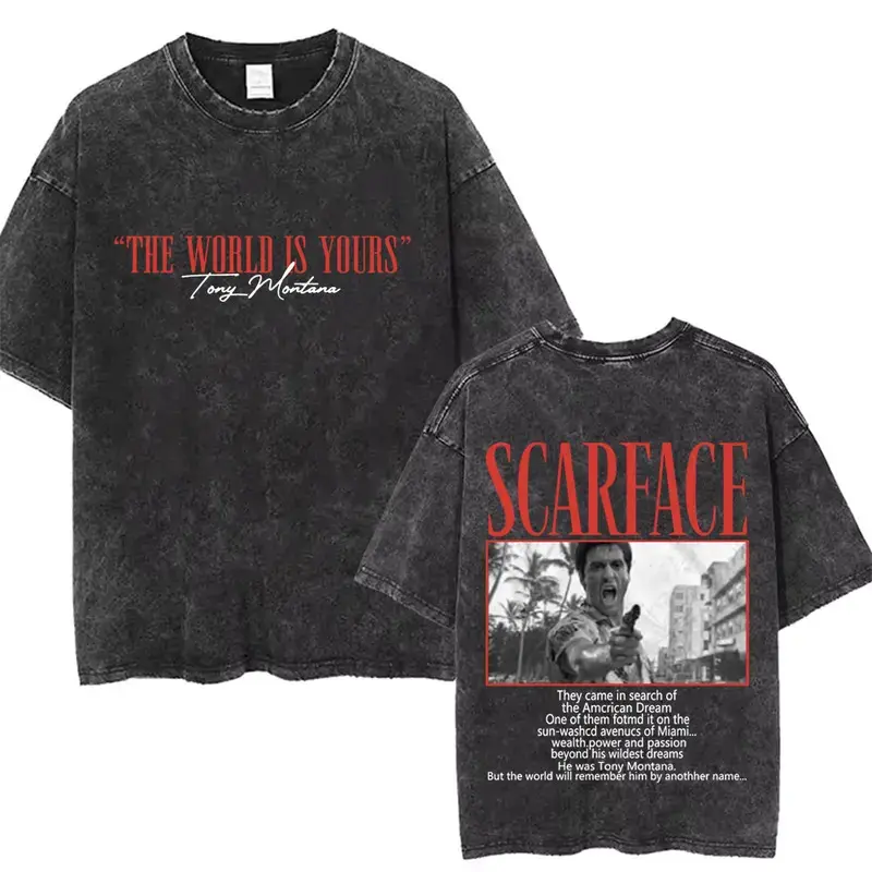 90s Classic Gangsters Movie Scarface Double Sided Print T-shirts Tony Montana Al Pacino Vintage Washed Tshirt Men Rock T Shirts