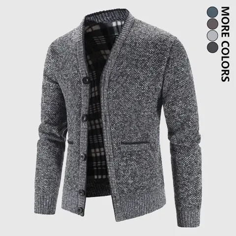 Men's Stylish Fitted Classic V-Neck Fleece-Lined Plaid Polyester Knit Cardigan - Thick, Warm Long-Sleeve Top with Buttons for Daily Commuting, Autumn/Winter Casual Outings
