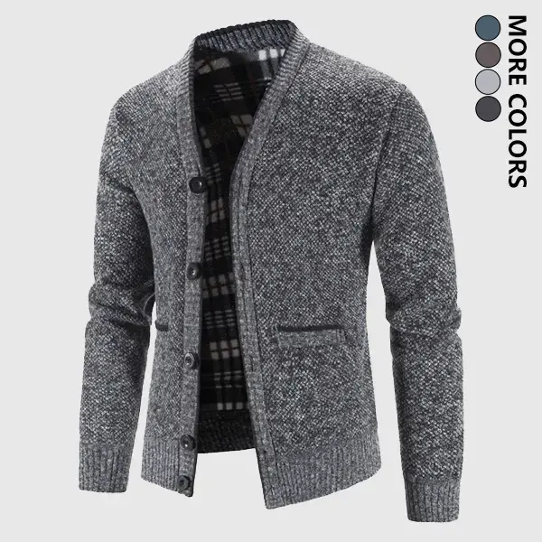 Men's Stylish Fitted Classic V-Neck Fleece-Lined Plaid Polyester Knit Cardigan - Thick, Warm Long-Sleeve Top with Buttons for Daily Commuting, Autumn/Winter Casual Outings