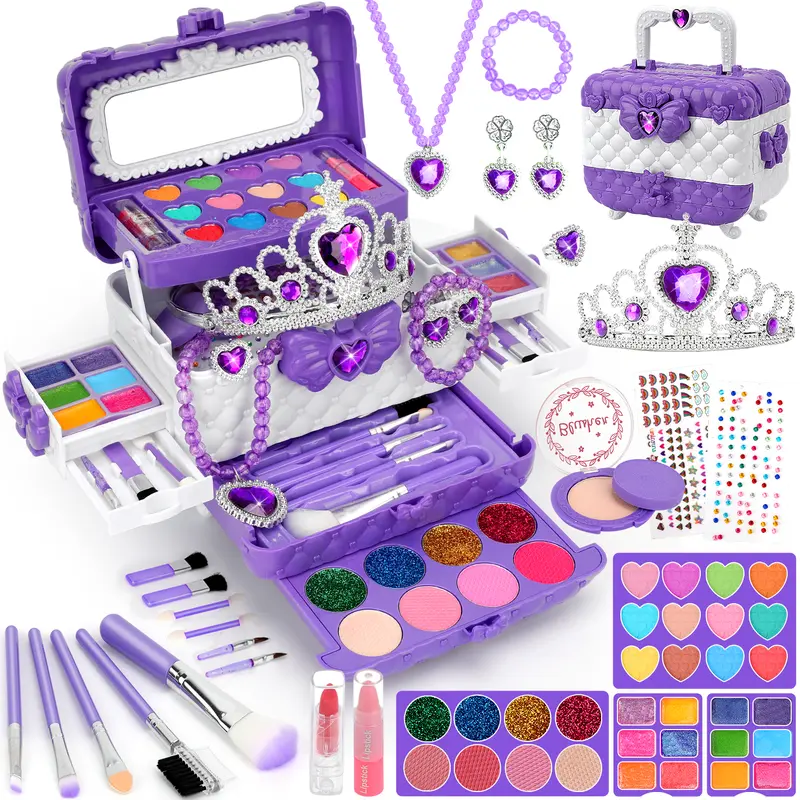 56 Pieces Kids Washable Real Makeup Kit with Crown & Roleplay Accessories - Pretend Play Set, Princess Dress Up Kids Toys, Toddler Girl Gifts for 3+ Years Old, Birthday Present to Encourage Creativity,familyfun
