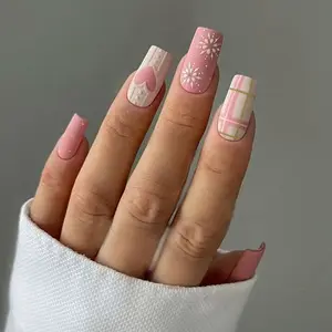 24pcs Long Square Christmas Snowflake Heart Stripe Nail Tips Kit, Long Nails DIY Manicure Set for Women and Girls, Removable Glossy Finish Nail Art Tools, Nail Decoration