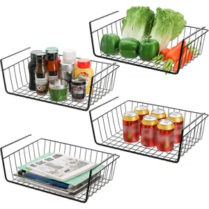 4 Pack Black Under Shelf Wire Basket, Hanging Storage Baskets Under Cabinet Add-on Storage Racks, Slide-in Organizer Baskets for Kitchen Pantry Desk Bookshelf