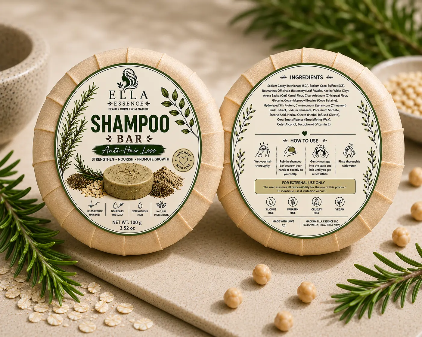 ella essence Solid Shampoo Bar, Herbal Haircare Cleanser with White Clay, Oat & Rosemary, Rich Foam for Scalp Massage, 100g, Blend, Gentle, Solid Form