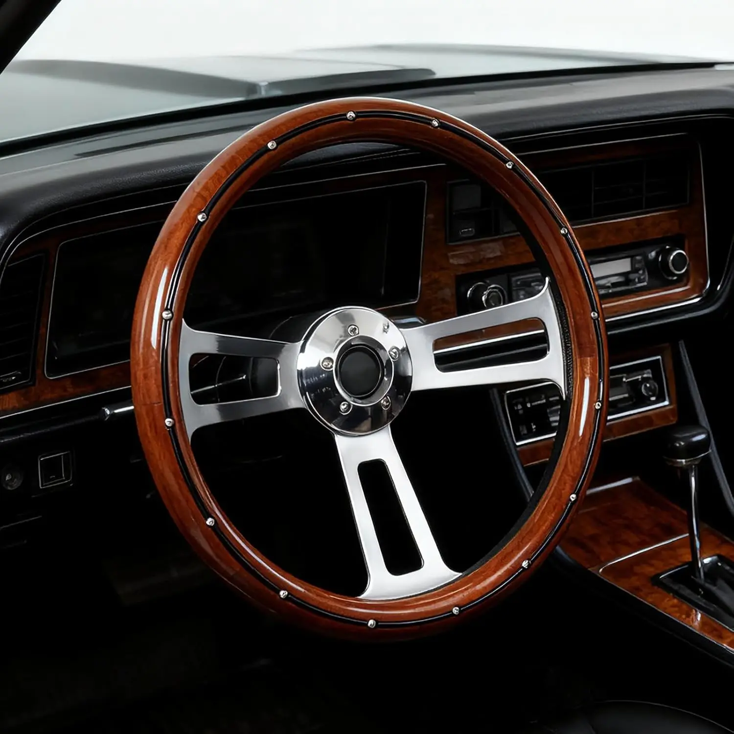 18in Semi Truck Steering Wheel - 5-Bolt, 3 Chrome Aluminum Spokes, Wood Grip, 65mm Deep Dish Replacement with 5x Mounting Screws, 1x Allen Wrench, 1x Instructions for Kenworth, Peterbilt, Semi Trucks