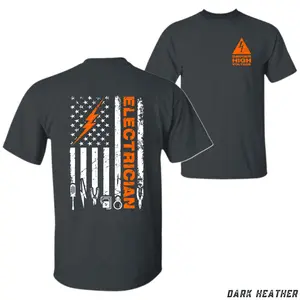 Electrician American Flag T-Shirt – High Voltage Warning Tee for Men, Patriotic Electric Worker Shirt with Tools & Lightning Bolt Graphic, Perfect Gift for Electricians
