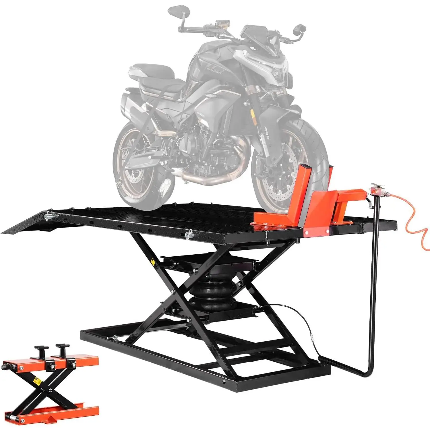 VEVOR Pneumatic Motorcycle Lift Table, 1500lbs Capacity, 8.6-31in Height Range, Heavy Duty Repair Stand with Removable Workbench, Security Pin Lock, Secondary Lifting, Compatible with ATVs, Dirt Bikes, Various Motorcycle Models