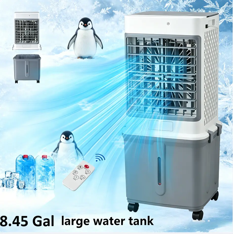 Portable Air Cooler Fan Cooling Fan with Ice, 8.45gal water tank Quiet Portable Ac Unit, Air Conditioner Fan with Dehumidifier Fan Function 120° wide airflow spreads, Remote Control, Sleep Mode, 24H Timer