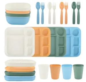 24-Piece Plastic Square Dinnerware Set for Kids with 4 Each Trays, Bowls, Plates, Cups, Forks, Spoons in Cream, Orange, Green, Blue Cutlery Sturdy