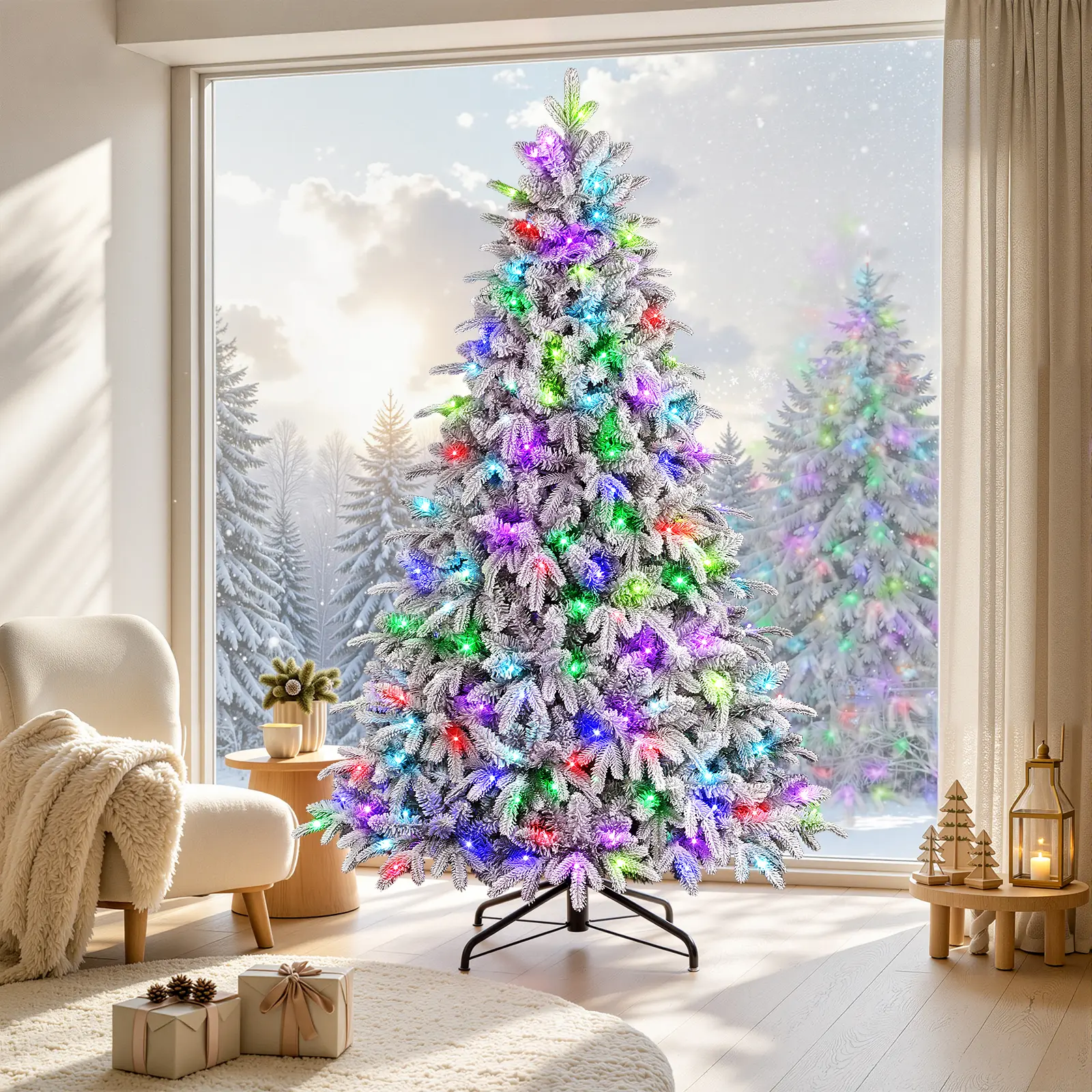 SHareconn Pre-Lit RGB Snow Flocked PVC Cedar Christmas Tree (4/4.5/5.5/6.5/7.5/8/9 FT), Classic Americana Christmas Tree Scene, Eco-Friendly, Multi-Color LED Lights, Remote Control, Deluxe Hinged Design, AC Power Supply, Ideal Holiday Decoration