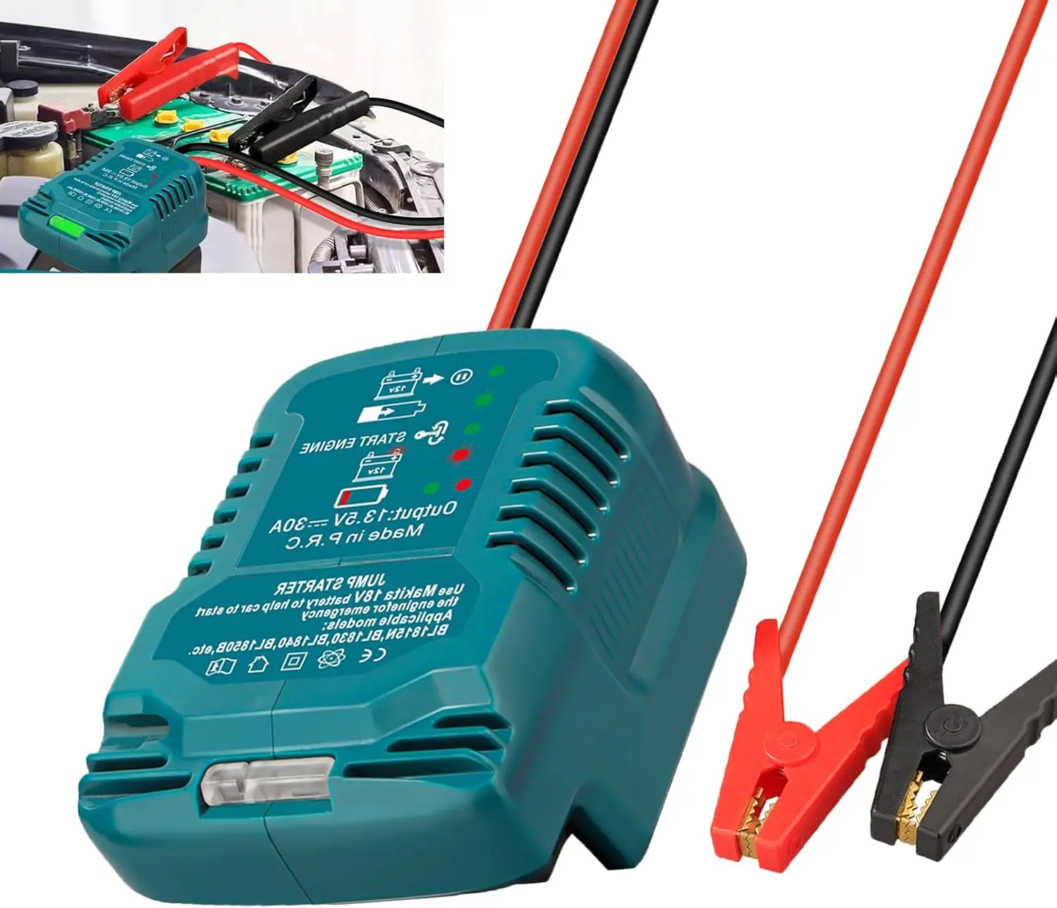 Makita 18V Li-ion Battery Jump Starter Adapter, Compact ABS Plastic Emergency Start Tool with Tinned Copper Jumper Cable Clamps, Portable Size Household Appliance Accessory (Battery Not Included)