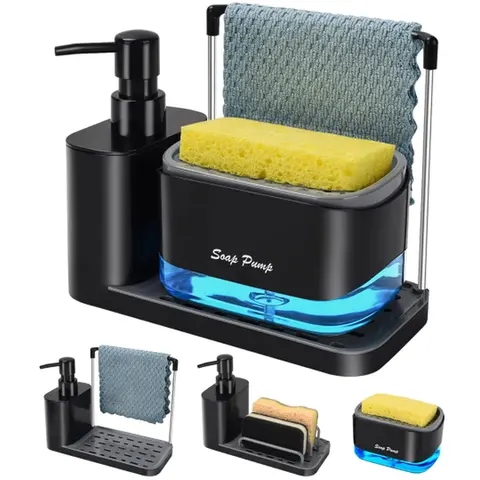 Black Multifunctional 4-in-1 Sturdy Plastic Manual Bottle Set Soap Dispensers - Storage Organizer with Tray, Sponge Holder, Dishcloth Holder, Practical Kitchen Gadget for Kitchen Sink Countertop, Bathroom Supplies
