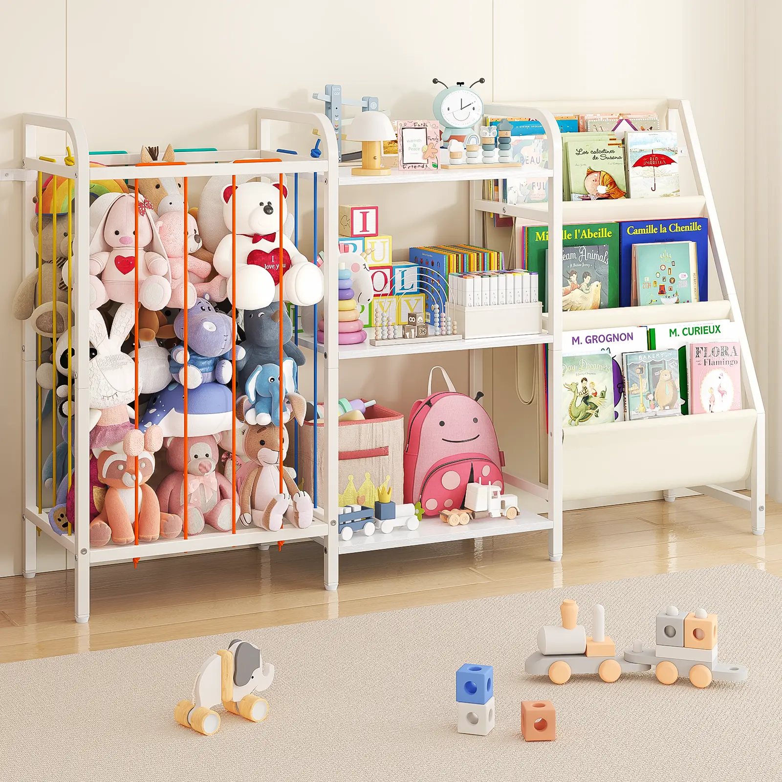 B1 Kids 3-Tier Sling Wood Bookcase - Multi-Column Floor Nursery Shelf with Toy & Stuffed Storage, Montessori Toddler Indoor Furniture for Bedroom, Playroom Decoration, 3 Columns Wood