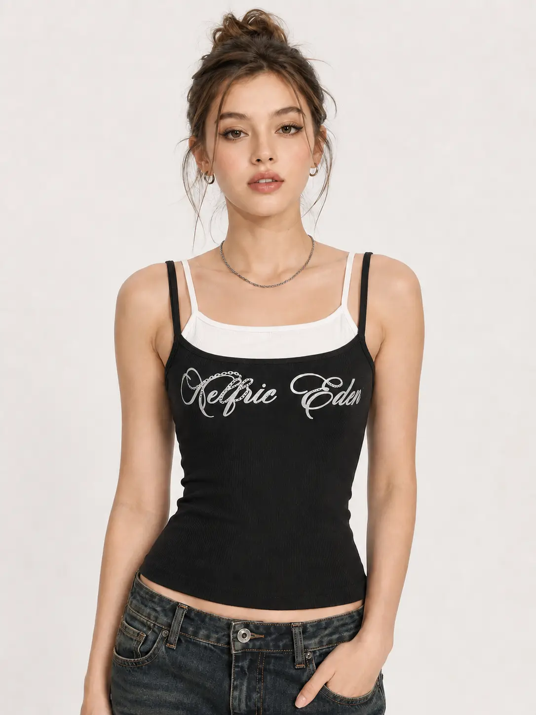 Aelfric Eden Contrast Layered Padded Cami Top Slim Cropped Fit Fake Two Piece Layer Design Built in Padded Cups Chest Cursive Logo Print High Stretch Ribbed Fabric Y2K Edgy Streetwear Women's Camisole