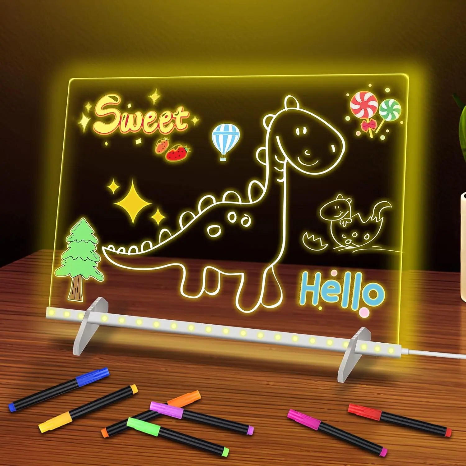 LED Note Board with Seven Colors, Includes Adapter, 13"x10" Led Drawing Board for Kids ged 3-12, Stimulate Painting Potential & Enhance Color Cognition, Light Up Dry Erase Boards with 7 Markers, Soft Cloth, Hanging Chain, Holiday Trend Gift, Perfect Gift