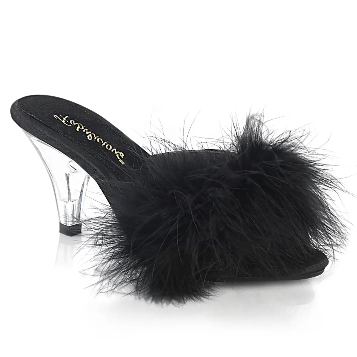 Women's Vintage Glamour Slip-On Mule Sandals - 3 in Heel, Black Fur Footwear, Boudoir Wear Shoe